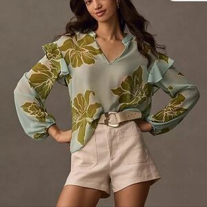 Anthropologie Hutch Long-Sleeve V-Neck Sheer Blouse